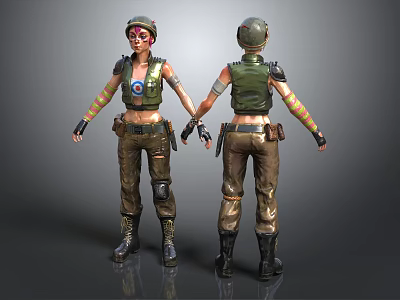 3D Female Tactical Character Model With Helmet Shoulder Pads Camouflage Pants Front Back Views 3d model