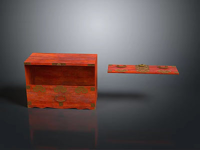 Traditional Red Wooden Chest With Golden Ornaments And Intricate Vintage Design 3d model