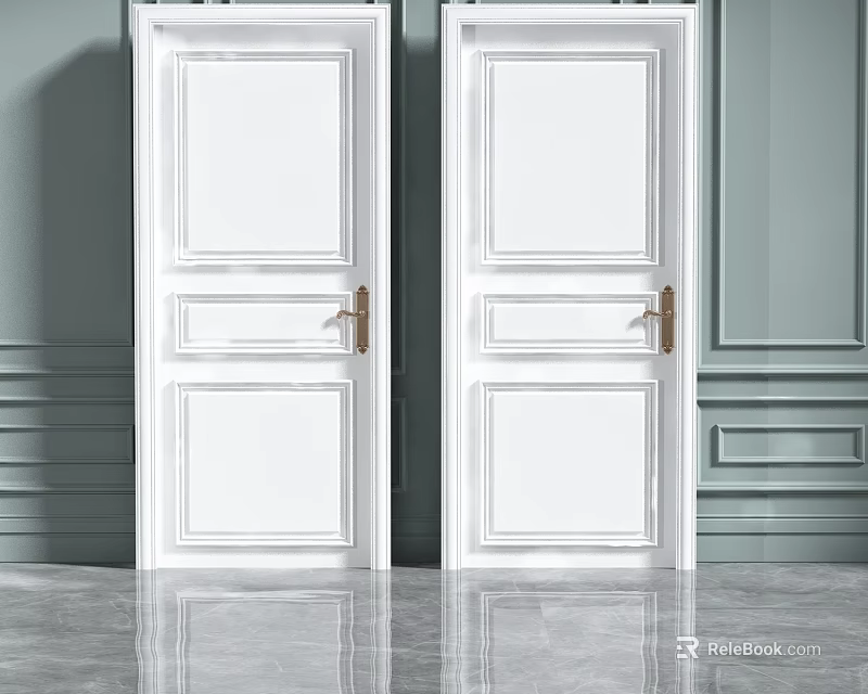 White Hinged Doors With Golden Handles In Gray Wall Decorative Moldings And Smooth Floor 3d model 