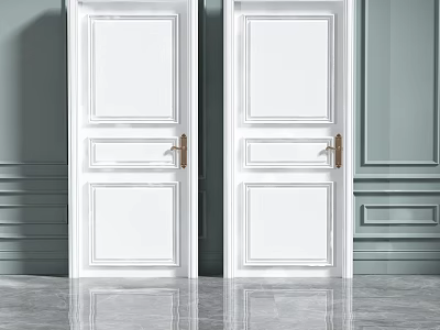 White Hinged Doors With Golden Handles In Gray Wall Decorative Moldings And Smooth Floor 3d model