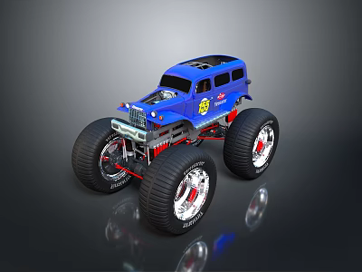 Blue Monster Truck With Large Tires And Chrome Wheels On Reflective Surface 3d model