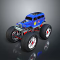 Blue Monster Truck With Large Tires And Chrome Wheels On Reflective Surface