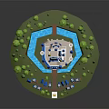 Cartoon Scenic Island With Majestic Castle Blue River Small Houses And Lush Trees