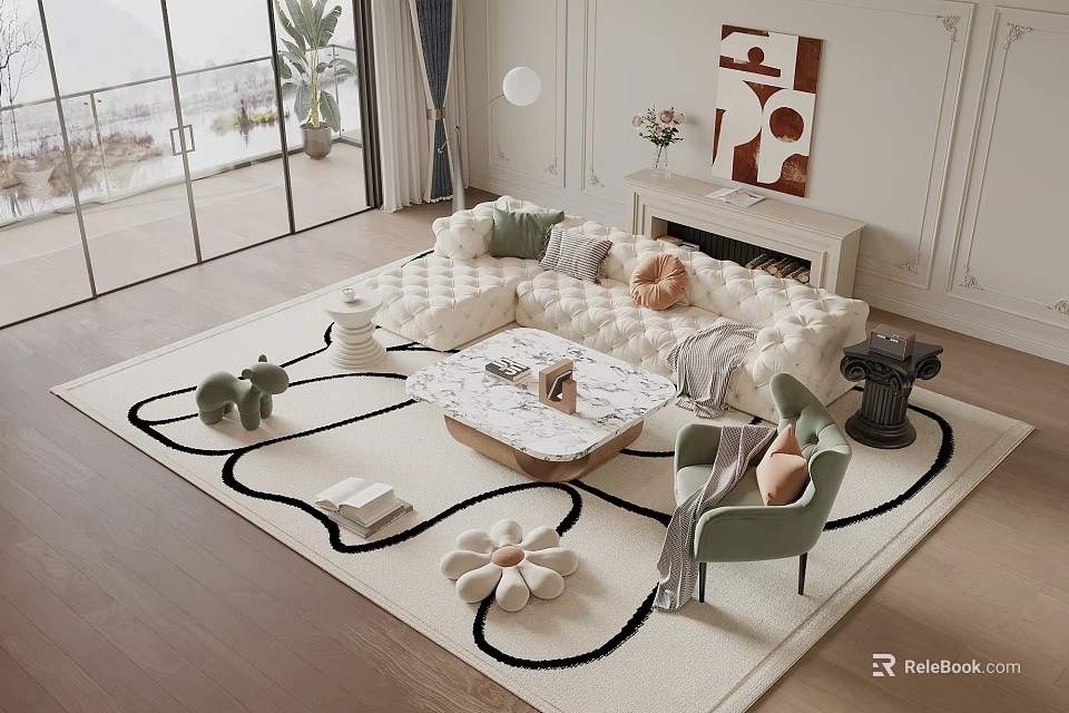 Modern Living Room With White Sofa And Marble Coffee Table Set Green Chair Decorative Items 3d model 