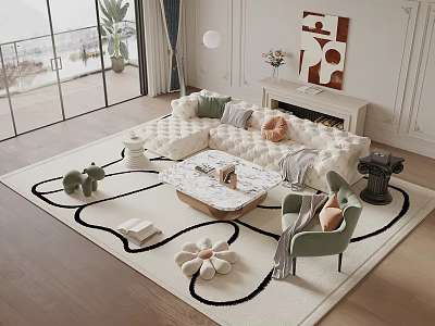 Modern Living Room With White Sofa And Marble Coffee Table Set Green Chair Decorative Items 3d model