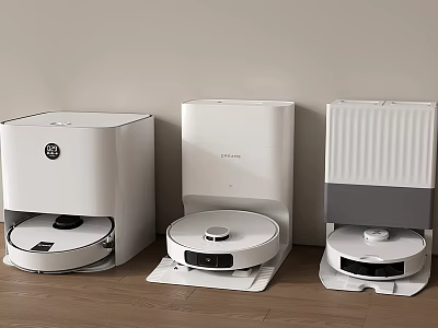 Smart Robotic Vacuum Cleaners with Charging Bases on Wooden Floor in Modern Room 3d model