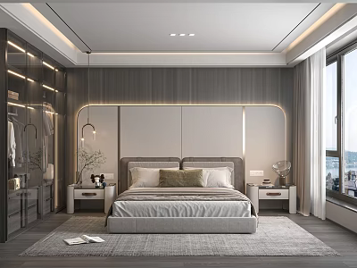 Modern Bedroom Interior Design With Lighted Headboard Nightstands Gray Walls And Rug 3d model