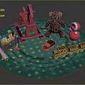 Children's Toy Scene With Wooden Carousel Teddy Bear Doll And Train On Blue Snowflake Carpet
