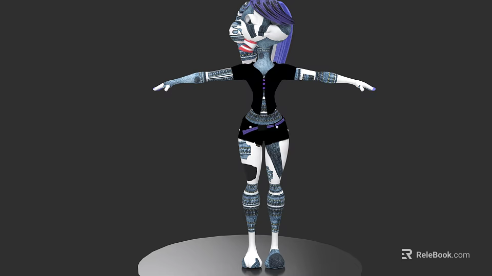 Woman with Purple Hair Wearing Black Dress Standing on Platform with Arm and Leg Tattoos 3d model 
