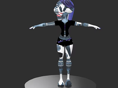 Woman with Purple Hair Wearing Black Dress Standing on Platform with Arm and Leg Tattoos 3d model