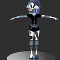 Woman with Purple Hair Wearing Black Dress Standing on Platform with Arm and Leg Tattoos