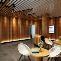 Modern Office Interior With Wooden Reception Desk Green Plant Wall Digital Screen And Chairs