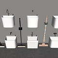 Wall Mounted White Sinks With Cleaning Tools Mops And Brooms In Utility Area 3d model