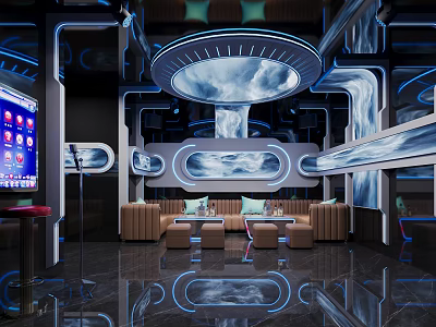 Modern KTV Lounge Interior Design With Neon Lighting Comfortable Sofa And TV Screen 3d model