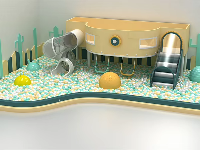 Colorful Playground Equipment With Ball Pit Slide Tunnel And Cactus Decorations 3d model