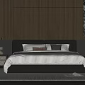Modern Double Bed With Dark Headboard Multiple Pillows And Striped Rug In Stylish Bedroom