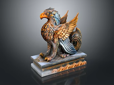 Mythical Winged Creature Sculpture Featuring Eagle Head Golden Orange Wing Feathers Lion Body Marble Base 3d model