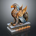 Mythical Winged Creature Sculpture Featuring Eagle Head Golden Orange Wing Feathers Lion Body Marble Base