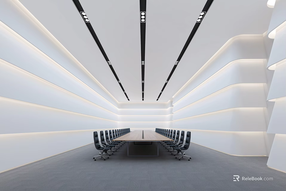 Sleek Modern Conference Room Interior With Long Table Black Chairs White Walls And Gray Carpet 3d model 