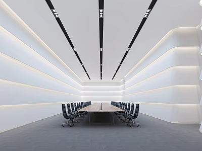 Sleek Modern Conference Room Interior With Long Table Black Chairs White Walls And Gray Carpet 3d model