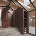 Villa Balcony with Glass Door Wooden Storage Cabinet Brick Wall Steps and Porch Area Design