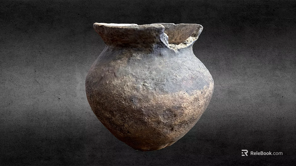 Ancient Clay Pottery Sculpture Carving With Weathered Surface And Cracked Rim 3d model 
