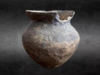 Ancient Clay Pottery Sculpture Carving With Weathered Surface And Cracked Rim 3d model