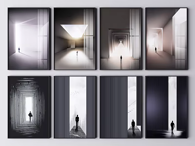 Black And White Modern Architectural Artworks With Human Figures And Light Effects 3d model