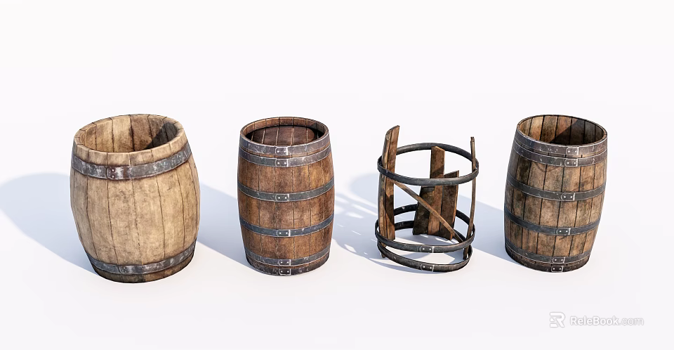 Vintage Wooden Barrel Ornament Decor Set with Various Designs for Home Decoration 3d model 