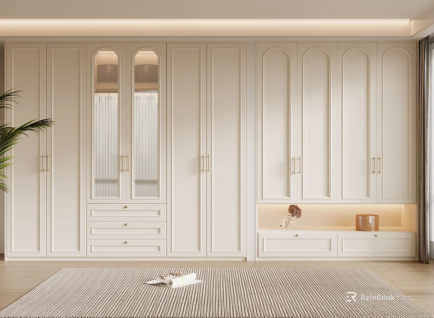 Modern Elegant White Wardrobe Interior Design With Glass Door Gold Handles And Decorative Shelf 3d model 