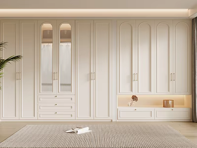 Modern Elegant White Wardrobe Interior Design With Glass Door Gold Handles And Decorative Shelf 3d model
