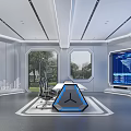 Futuristic Control Room Interior With Digital Screens Triangular Console Ergonomic Chairs And City Skyline Decor