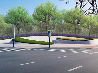 Garden Landscape With Green Trees Purple Yellow Flower Beds Road And Blue Signpost 3d model