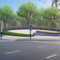 Garden Landscape With Green Trees Purple Yellow Flower Beds Road And Blue Signpost