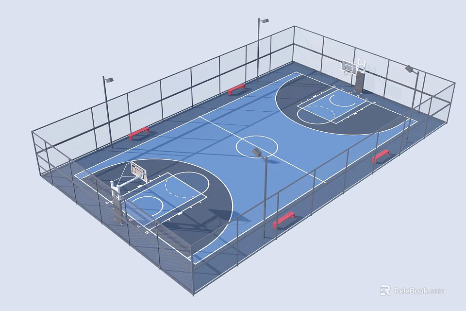 Basketball Court Featuring Blue Floor Fencing Red Benches Lighting Poles And Hoops 3d model 