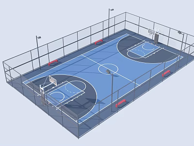 Basketball Court Featuring Blue Floor Fencing Red Benches Lighting Poles And Hoops 3d model