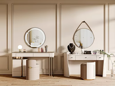 Elegant Vanity Tables Interior With Round Mirrors Beige Stools And Cosmetics 3d model