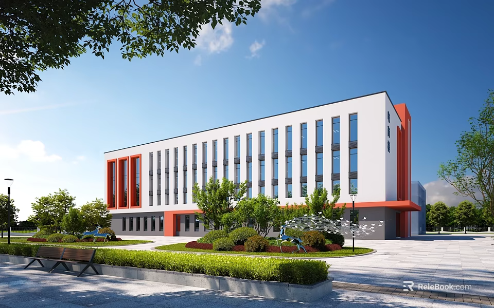 Modern School Building Exterior With White And Orange Facade Large Windows Green Lawn Shrubs And Bench 3d model 
