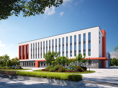 Modern School Building Exterior With White And Orange Facade Large Windows Green Lawn Shrubs And Bench 3d model