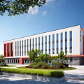 Modern School Building Exterior With White And Orange Facade Large Windows Green Lawn Shrubs And Bench