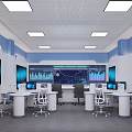 Modern Monitoring Room With Multiple Screens Control Desks Blue Lighting And Data Charts