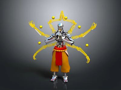 Silver Mechanical Character With Red Sash Yellow Energy Arms And Golden Orbs 3d model