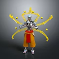 Silver Mechanical Character With Red Sash Yellow Energy Arms And Golden Orbs
