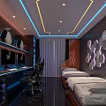Modern Hotel Room With Gaming Chairs Dual Monitors Trophies Decorations LED Lights And Shoe Rack