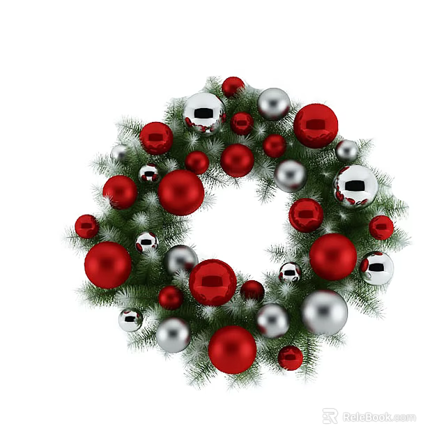 Decorative Ornament Set for Christmas Wreath with Red and Silver Balls and Green Pine Branches 3d model 