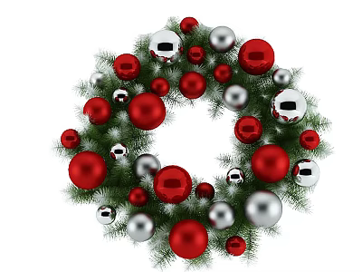 Decorative Ornament Set for Christmas Wreath with Red and Silver Balls and Green Pine Branches 3d model
