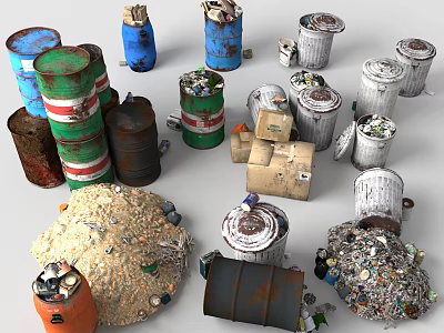 Various Colored Rusty Waste Barrels And Trash Piles With Debris 3d model