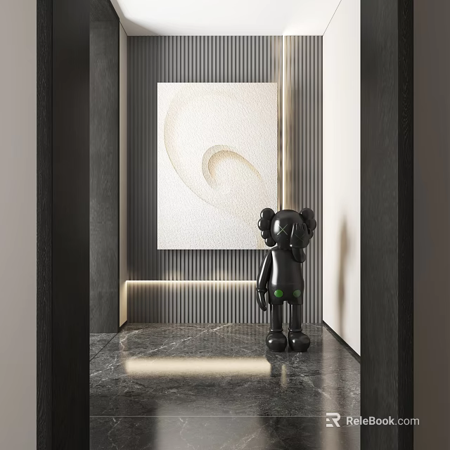 Abstract Painting In Modern Interior With Black Sculpture Striped Wall And Marble Floor 3d model 