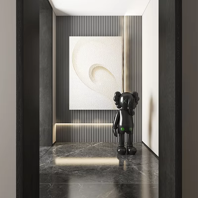 Abstract Painting In Modern Interior With Black Sculpture Striped Wall And Marble Floor 3d model