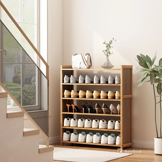 Natural Wooden Shoe Cabinet In Entryway With Layered Shelves And Various Shoes 3d model 
